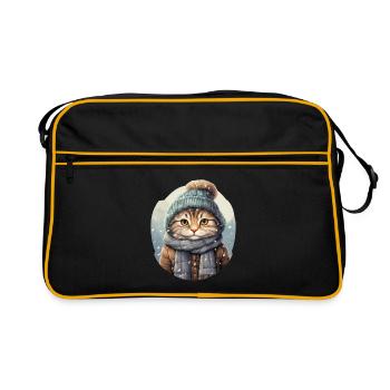 Cat in winter with hat, scarf and jacket - Retro Bag - black/gold - Front