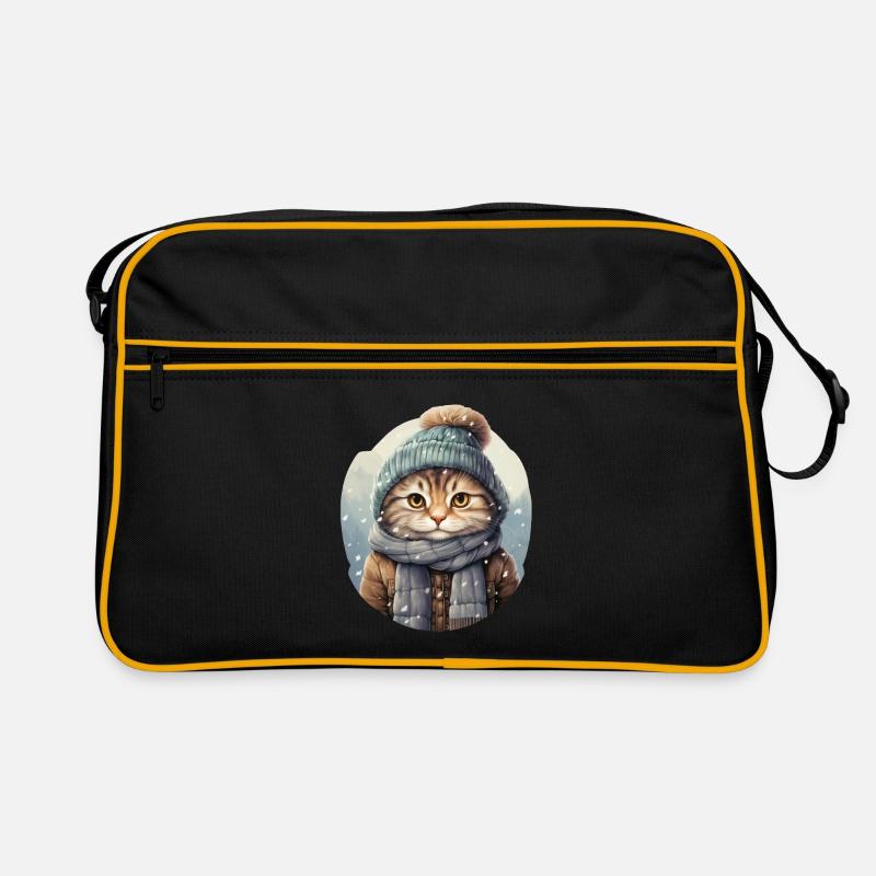 Cat in winter with hat, scarf and jacket Retro Bag