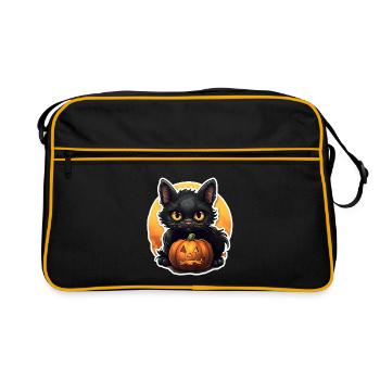Halloween Kater mit Kürbis - Retro Tasche - Schwarz/Gold - Vorne