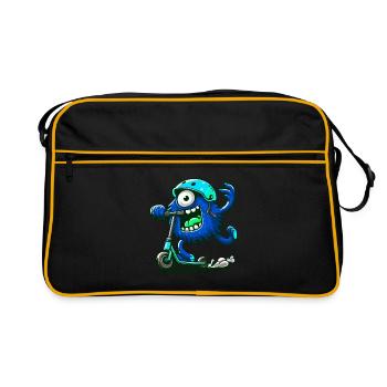 Cute funny blue monster on escooter - Retro Bag - black/gold - Front