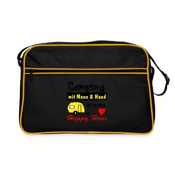happy hour camping mit mann und hund - Retro Tasche - Schwarz/Gold - Vorne