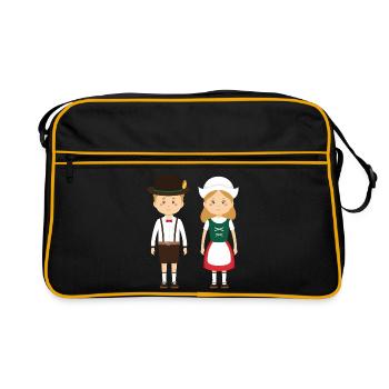 Volkstracht Kinderpaar in Lederhosen und Dirndl - Retro Tasche - Schwarz/Gold - Vorne