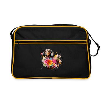 Dackel Hund Teckel Watercolor Art Blumen - Retro Tasche - Schwarz/Gold - Vorne