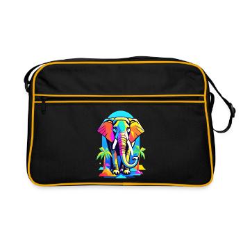 Bunter Elefant im Dschungel Regenbogen Design - Retro Tasche - Schwarz/Gold - Vorne