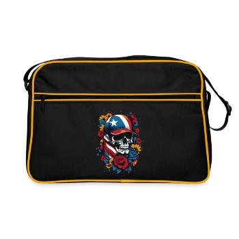Patriotischer Totenkopf mit Blumendesign - Retro Tasche - Schwarz/Gold - Vorne