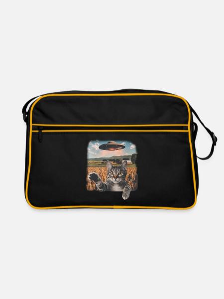 Lustige Ängstliche Katze Selfie UFO Alien - Retro Tasche - Schwarz/Gold - Vorne