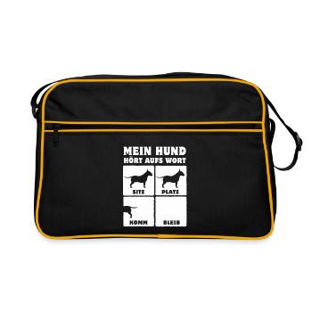 Mein Hund hört aufs Wort - Bullterrier - Hundefan - Retro Tasche - Schwarz/Gold - Vorne