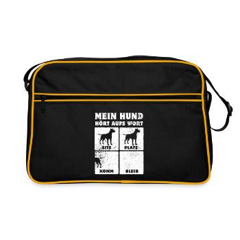 Mein Hund hört aufs Wort - Pitbull - Hundefan - Retro Tasche - Schwarz/Gold - Vorne