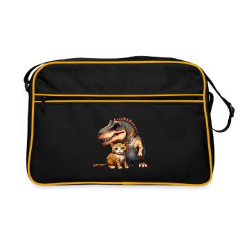 Cat cuddles with T-Rex - Retro Bag - black/gold - Front