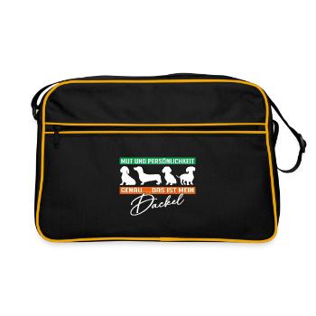 Mein Dackel hat Mut und Persoenlichkeit - Retro Tasche - Schwarz/Gold - Vorne