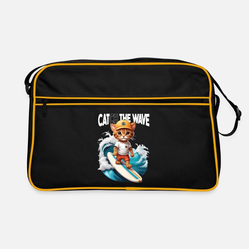 Katzen-Surfer Catch the Wave - Retro Tasche - Schwarz/Gold