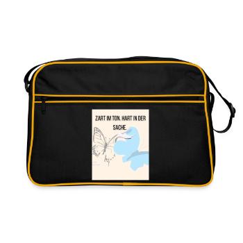 Sanfte Empathie mit Schmetterling und Storch - Retro Tasche - Schwarz/Gold - Vorne