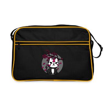 Japanese Oni Mask Cat and Cherry Blossom Anime - Retro Bag - black/gold - Front