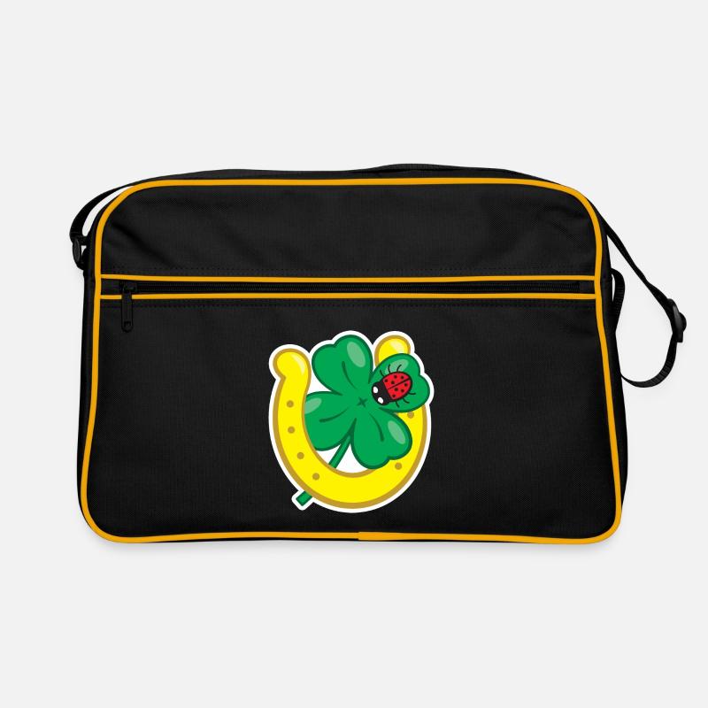 Glücksbringer mit Kleeblatt Hufeisen & Marienkäfer - Retro Tasche - Schwarz/Gold