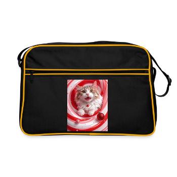 Weihnachtskatze im roten Pfefferminzwirbel - Retro Tasche - Schwarz/Gold - Vorne