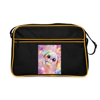 Regenbogen Kuschelhase im Zauberraum - Retro Tasche - Schwarz/Gold - Vorne