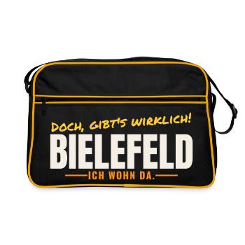 Bielefeld – Doch, gibt's wirklich! Ich wohn da. - Retro Tasche - Schwarz/Gold - Vorne