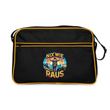 Nix wie raus - in die Natur - auf die Berge - Retro Tasche - Schwarz/Gold - Vorne