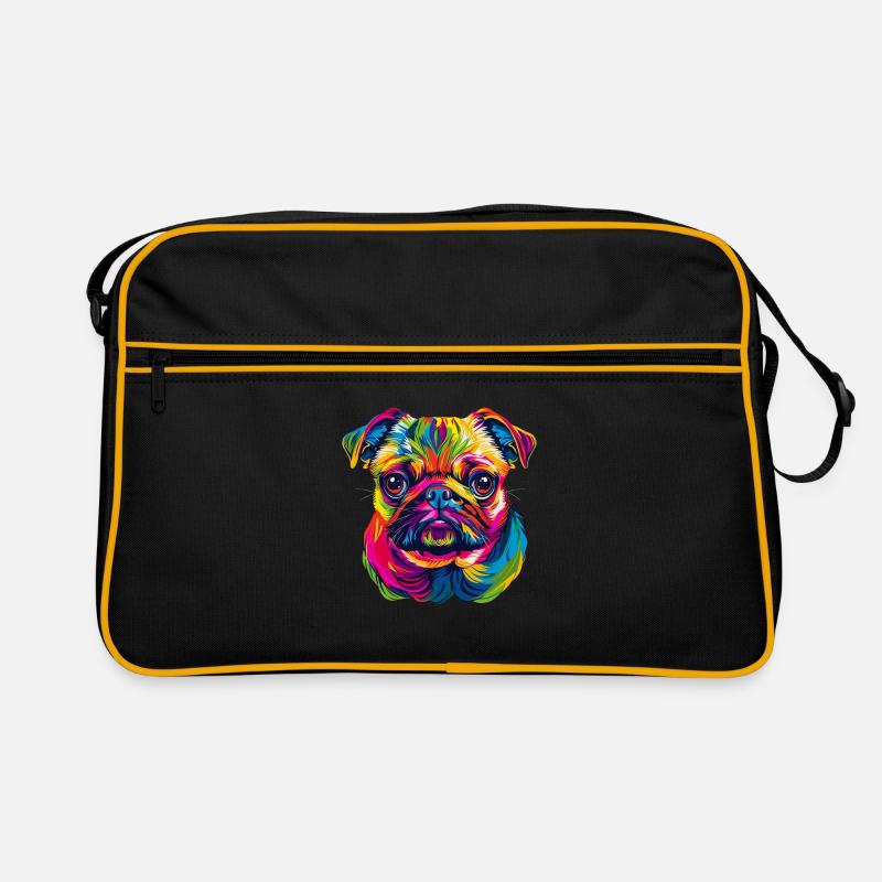 Mops Hund Bunte Farben Pop Art Regenbogen Carlino - Retro Tasche - Schwarz/Gold
