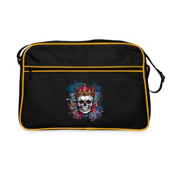 Totenkopf mit Krone auf bunten Farbklecksen - Retro Tasche - Schwarz/Gold - Vorne
