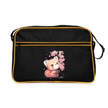 Cute Red Panda Sakura Cherry Blossom Chibi Style - Retro Bag - black/gold - Front