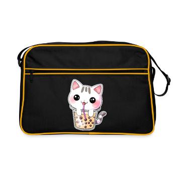 Kawaii Bubble Tea Katze - Retro Tasche - Schwarz/Gold - Vorne