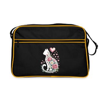 Flower Cat Silhouette Roses Hearts - Retro Bag - black/gold - Front