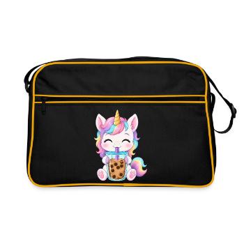 Niedlicher Einhorn mit Bubble Tea - Retro Tasche - Schwarz/Gold - Vorne