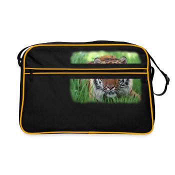 Tiger im Gras - Retro Tasche - Schwarz/Gold - Vorne