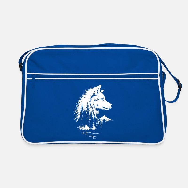 Silhouette de forêt avec visage de loup en noir et blanc Sac Retro