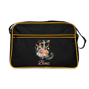 Binz-Anker mit Blumen - Retro Tasche - Schwarz/Gold - Vorne