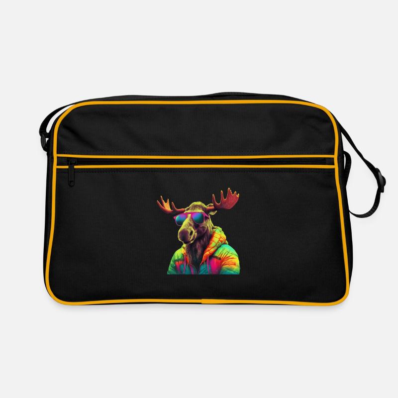 Elch mit Sonnenbrille Bunt Coole Elche Waldtier - Retro Tasche - Schwarz/Gold