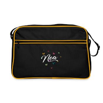 NEA - Mädchen Name mit bunten Schmetterlingen - Retro Tasche - Schwarz/Gold - Vorne