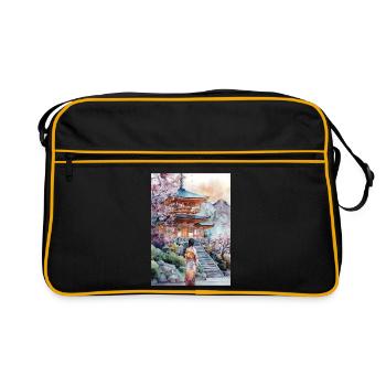 Kimono-Pagode und Kirschbäume - Retro Tasche - Schwarz/Gold - Vorne