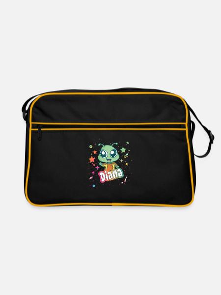 DIANA - Schöner Mädchen Name mit süßem Alien - Retro Tasche - Schwarz/Gold - Vorne