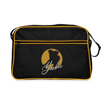 Liebenswerter Yorkie im Farbkreis mit Schriftzug - Retro Tasche - Schwarz/Gold - Vorne
