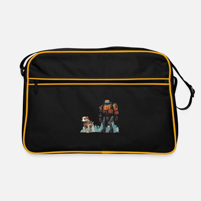 Roboter mit Robo Hund SCI-FI Gassi Robotik Retro Tasche