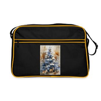 Blauer Weihnachtsbaum und Hirsch - Retro Tasche - Schwarz/Gold - Vorne