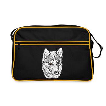 Wolf Head Husky Line Drawing Brown Eyes - Retro Bag - black/gold - Front
