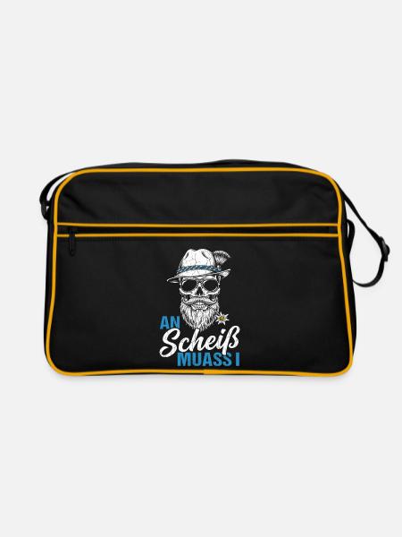 Bayern Dialekt Schädel Lustiger Spruch Alpen Motiv - Retro Tasche - Schwarz/Gold