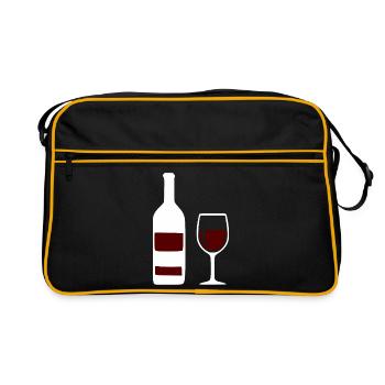 Weinflasche und Weinglas Wein Geschenk Genießer - Retro Tasche - Schwarz/Gold - Vorne
