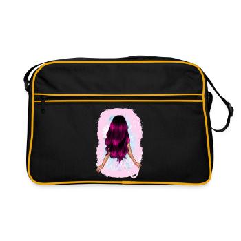 Mädchen Frau beauty lange pinke Haare mit Blume - Retro Tasche - Schwarz/Gold - Vorne