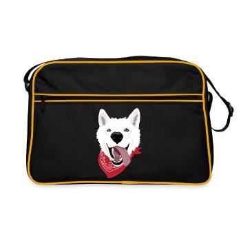 white husky with bandana and vivid expression - Retro Bag - black/gold - Front