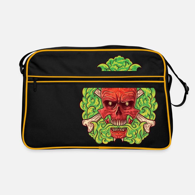 Skull with horns emits poisonous smoke. Retro Bag