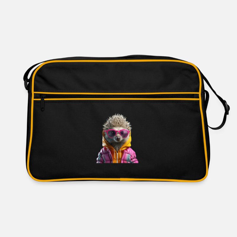 Igel mit Sonnenbrille Bunt Cooler Igel Waldtier - Retro Tasche - Schwarz/Gold