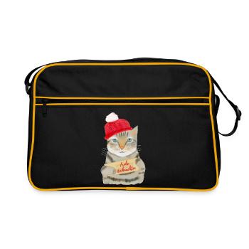 Süße Katze wünscht Frohe Weihnachten - Retro Tasche - Schwarz/Gold - Vorne