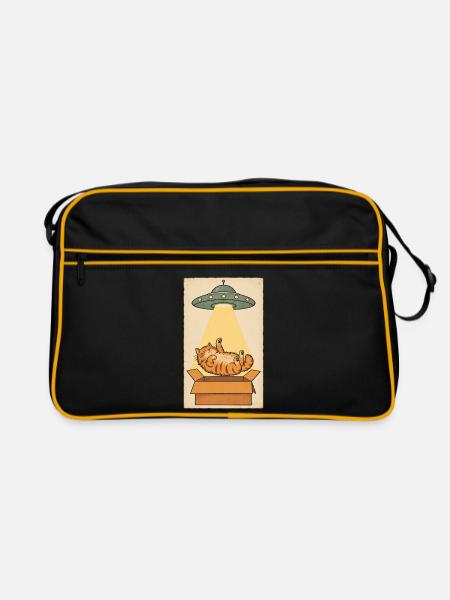 Schlafende Katze im UFO Strahl - Retro Tasche - Schwarz/Gold