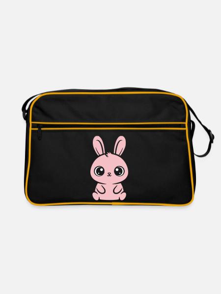 Kawaii Hase Rosa Große Augen Süß - Retro Tasche - Schwarz/Gold - Vorne