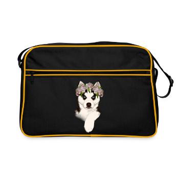 Husky with flower crown - Retro Bag - black/gold - Front