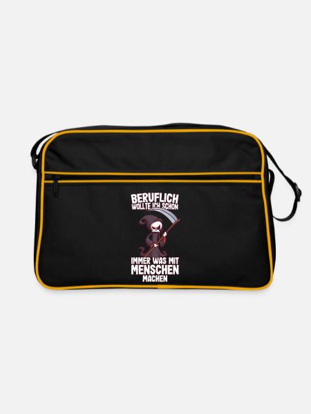 Beruflich wollte ich was mit Menschen Sensenmann - Retro Tasche - Schwarz/Gold - Vorne